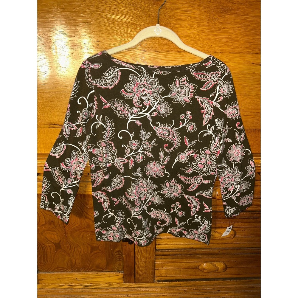 Talbots Tee Preppy Boho Chic Pink Green Floral Paisley Knit Top NEW Gothic